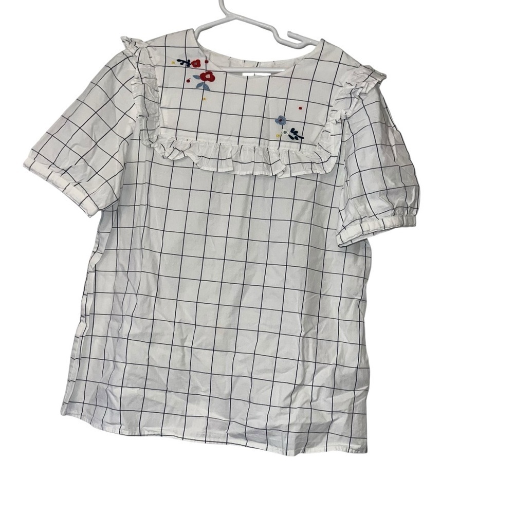 Bonpoint girls navy white Check floral ruffle blouse Sz 12 button back